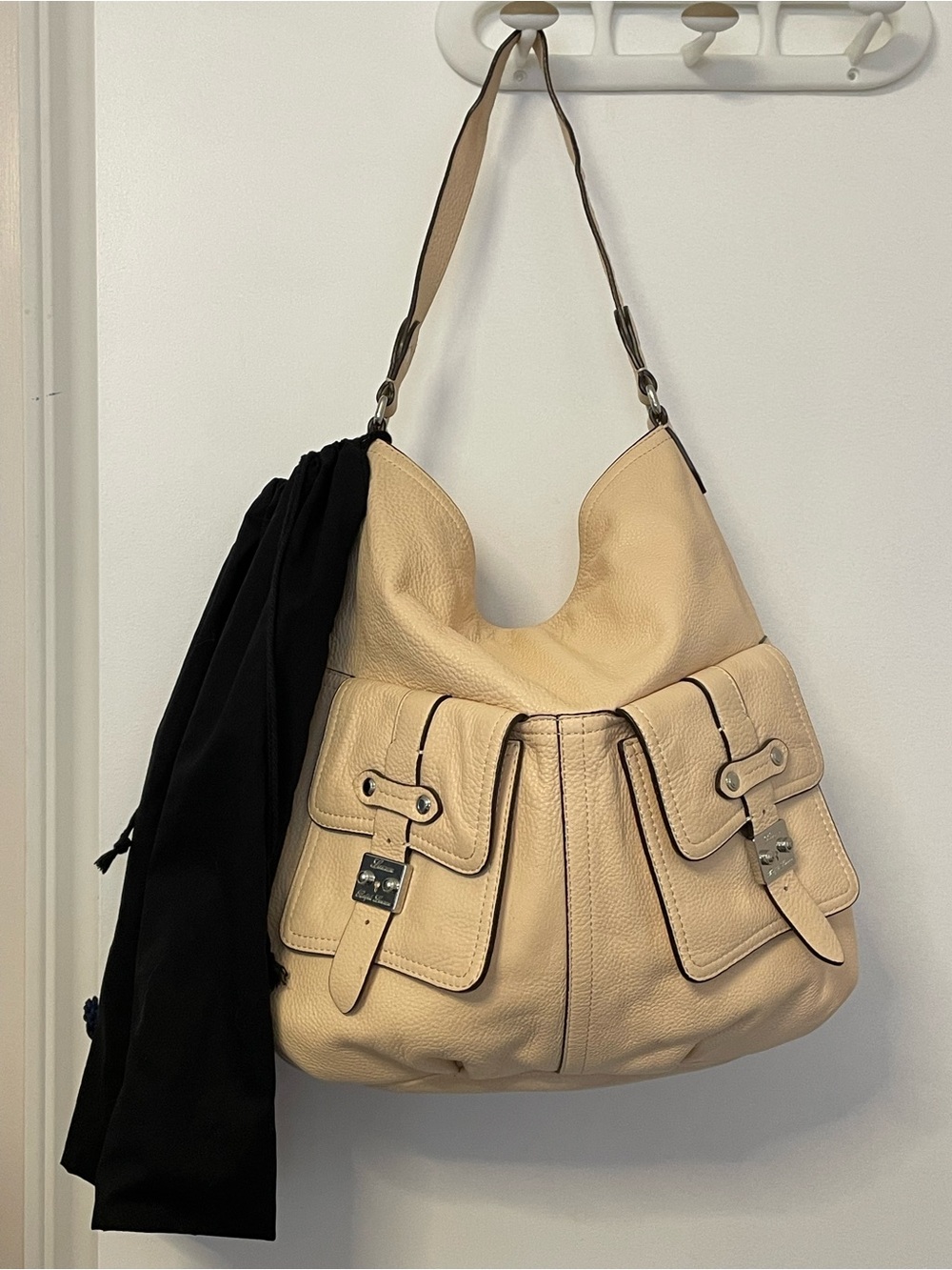 Ralph Lauren Cream Leather Shoulder Bag with Front Buckle Pockets